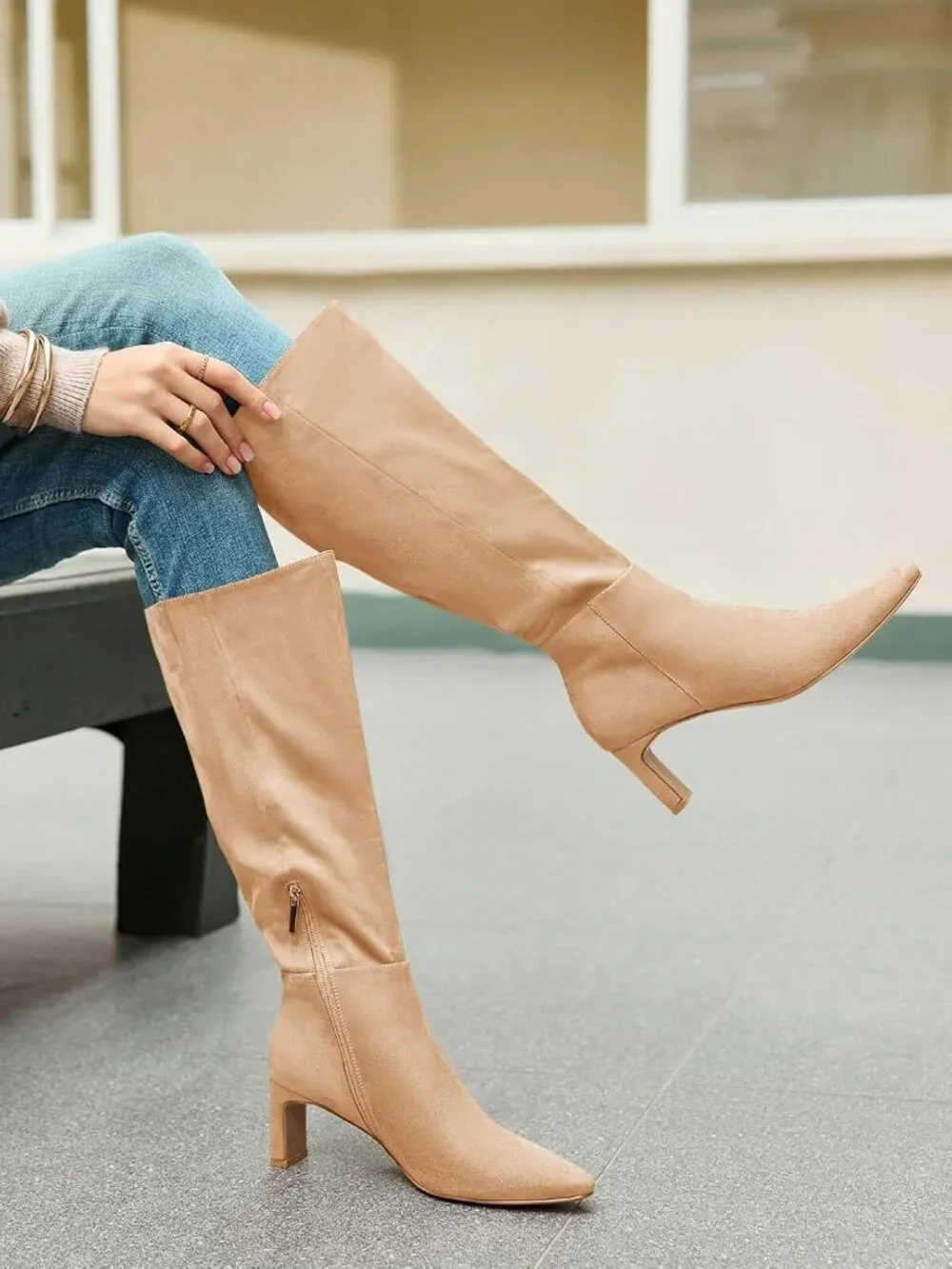 Women's Khaki Chunky Heel Pointed Toe Faux Suede Side Zipper Knee High Boots